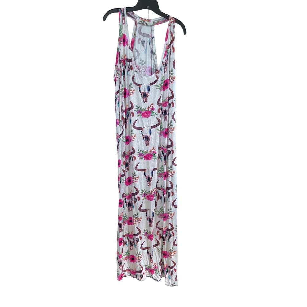 Boho Floral Steer Skull Maxi Dress Racerback Western Cowgirl Size Large